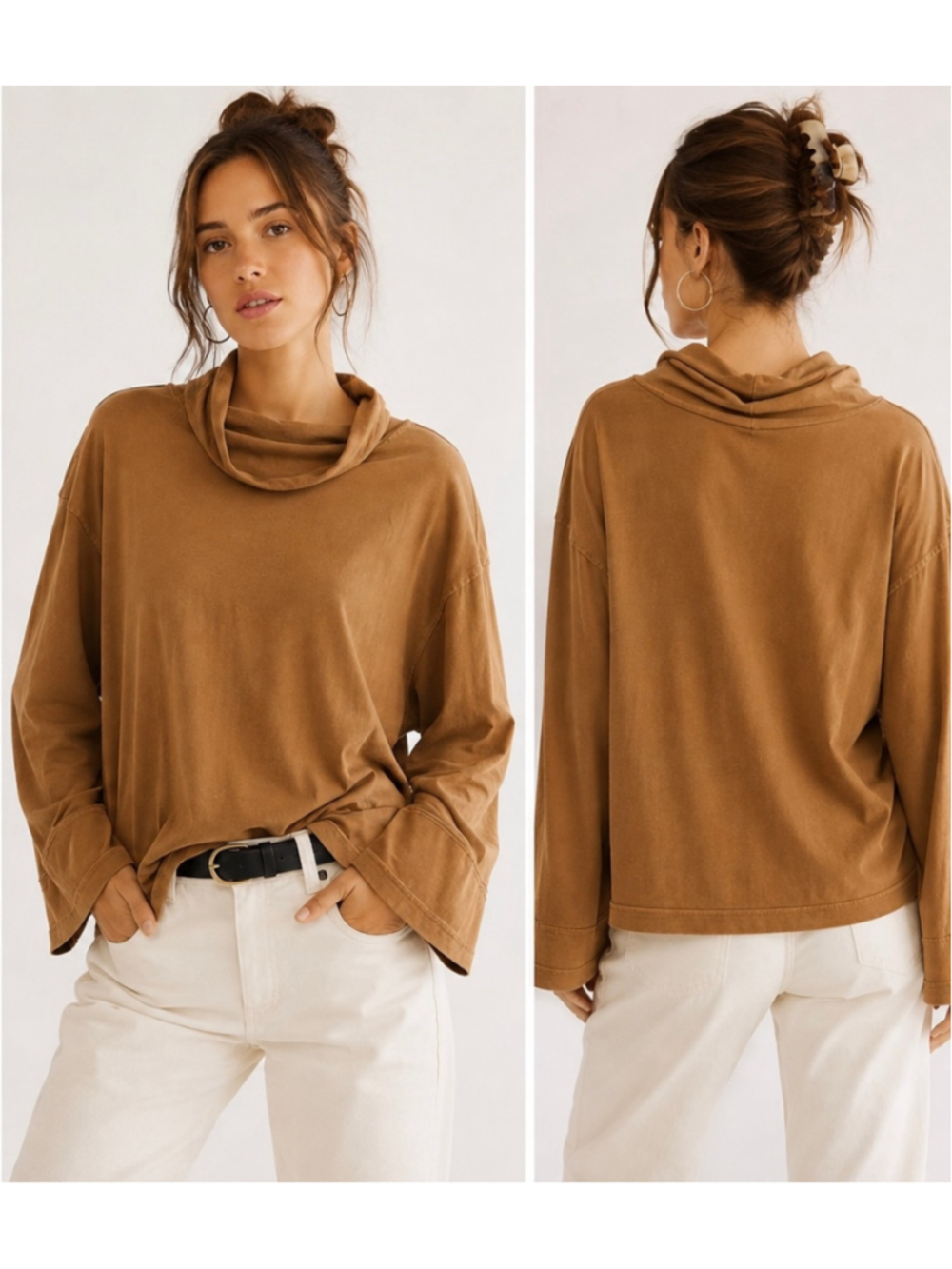We The Free Brown Long Sleeve Cowl Neck Tee
